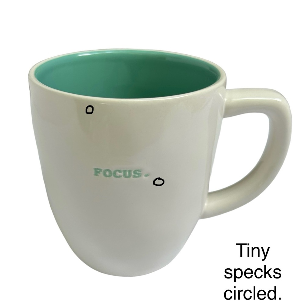 Rae Dunn FOCUS Coffee Mug Tea White Teal Letters and Interior Dimples 2017 Yoga - Picture 4 of 12